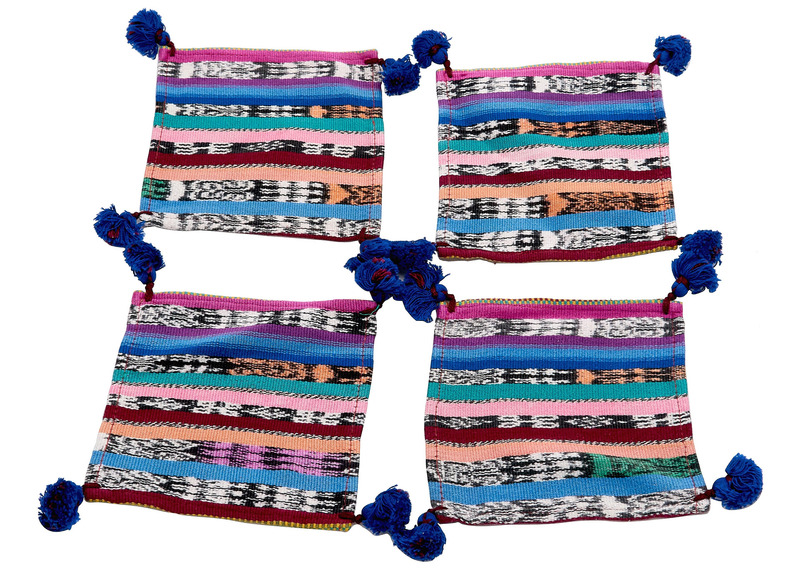 Set de 4 posavasos en tela algodón guatemalteco - Jaspe pompones azules