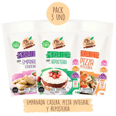 Pack 3 Mezclas Sin Gluten ( Empanada Casera, Pizza Integral y Repostería) 1 Kilo c/u