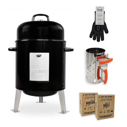 Ahumador a Carbón Prosmoke PM20 + 2 cajas de 1kg: Roble y Manzano + 1 guante + Encendedor de Carbón 