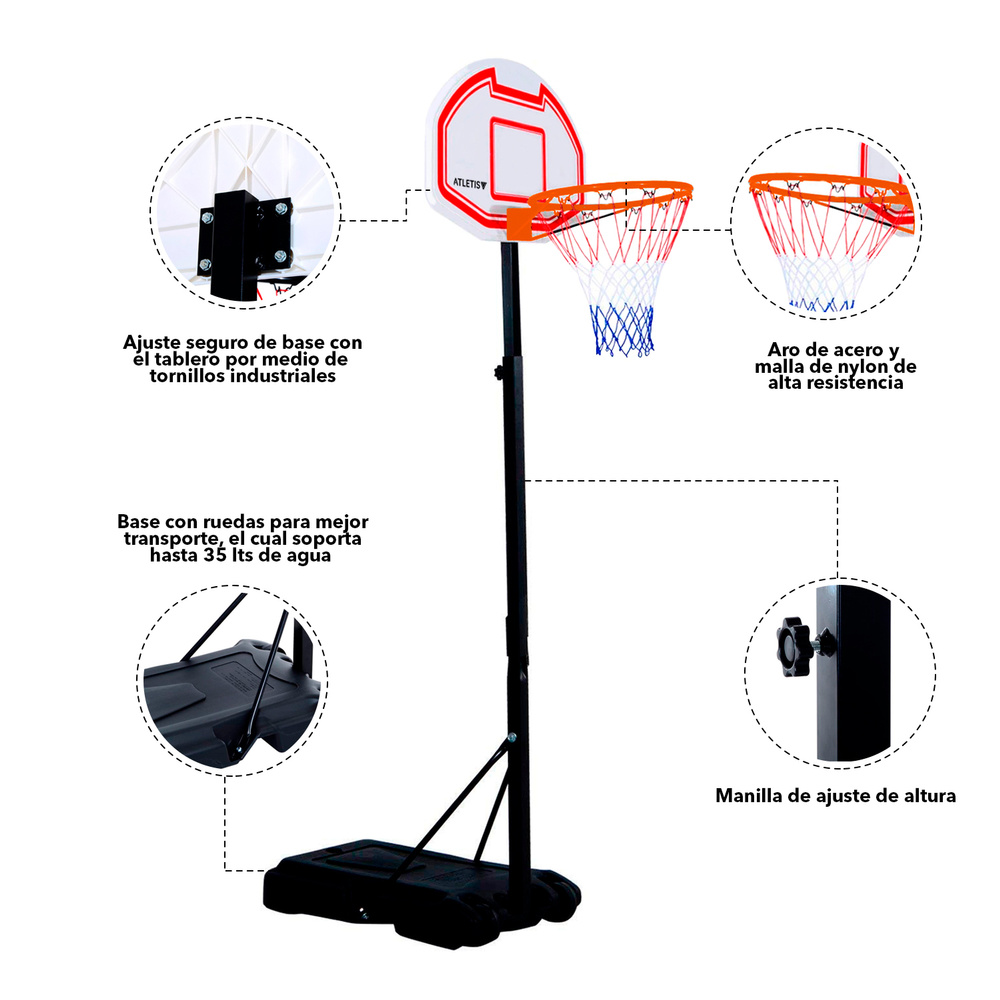 Atletis - Aro de Básquetbol con Altura Ajustable 2,1 Metros
